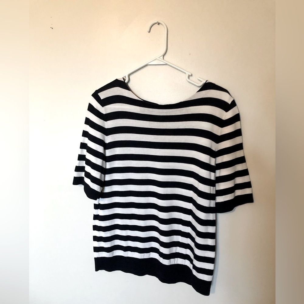 Talbots Navy Blue & White Wide Striped Sweater TShirt Key Hole Back Cotton Rayon